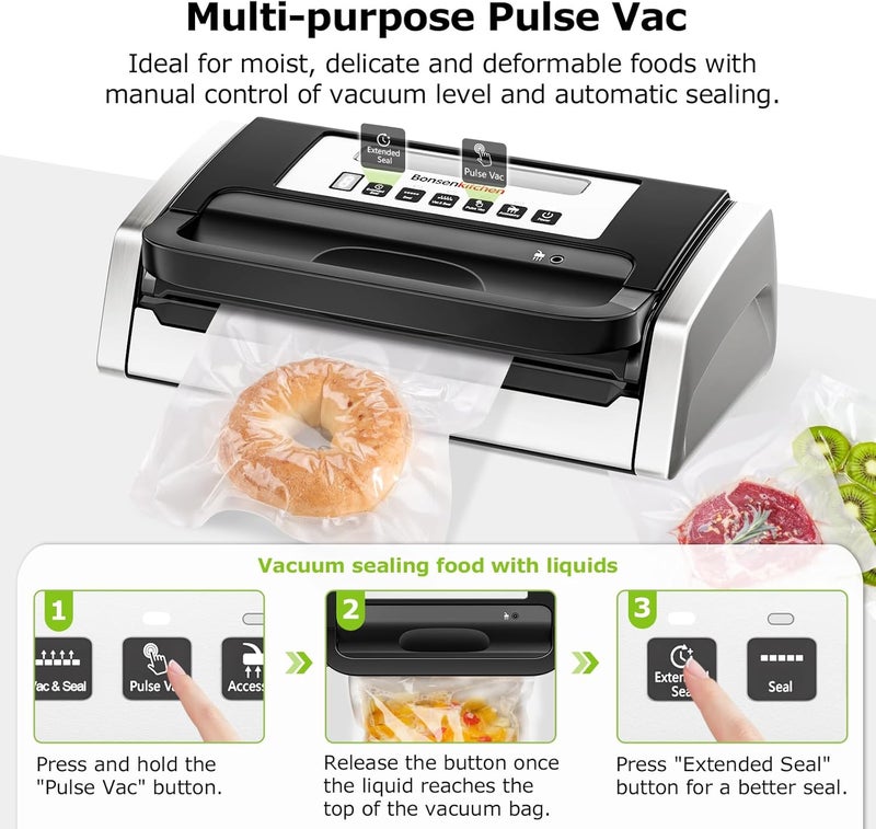 Bonsenkitchen Vacuum Sealer Machine, Globefish Technology for Perfect Vacuum Sealing, Powerful Low-Noise Food Vacuum Sealer with Easy Handle Design, Built-in Cutter & Bag Storage, 1 Bag Roll & 10 Bags - Image 3